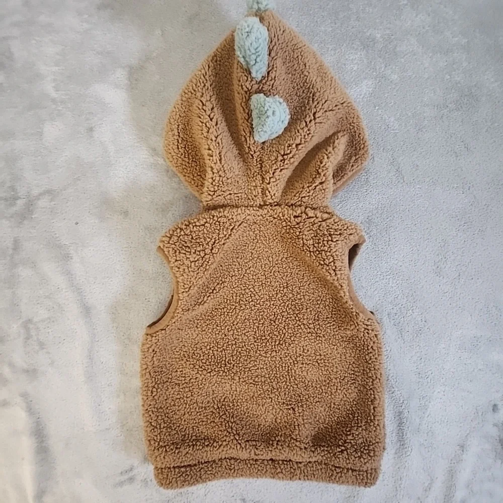 Max Studio Baby‎ Vest 12 Months Brown Teddy Bear Sherpa Dinosaur Hood